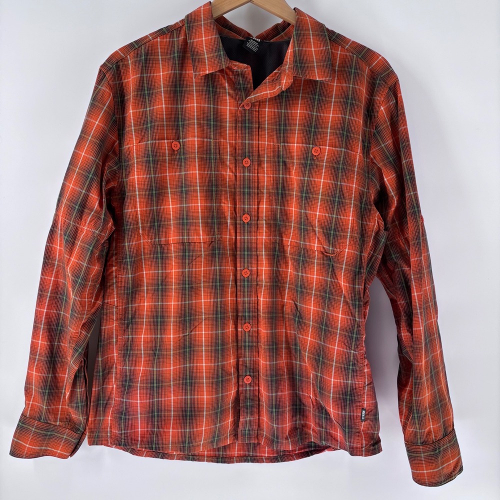 REI Co-op Hiking Shirt Mens Medium Orange Plaid Nylon Vented Roll-Tab Outdoor